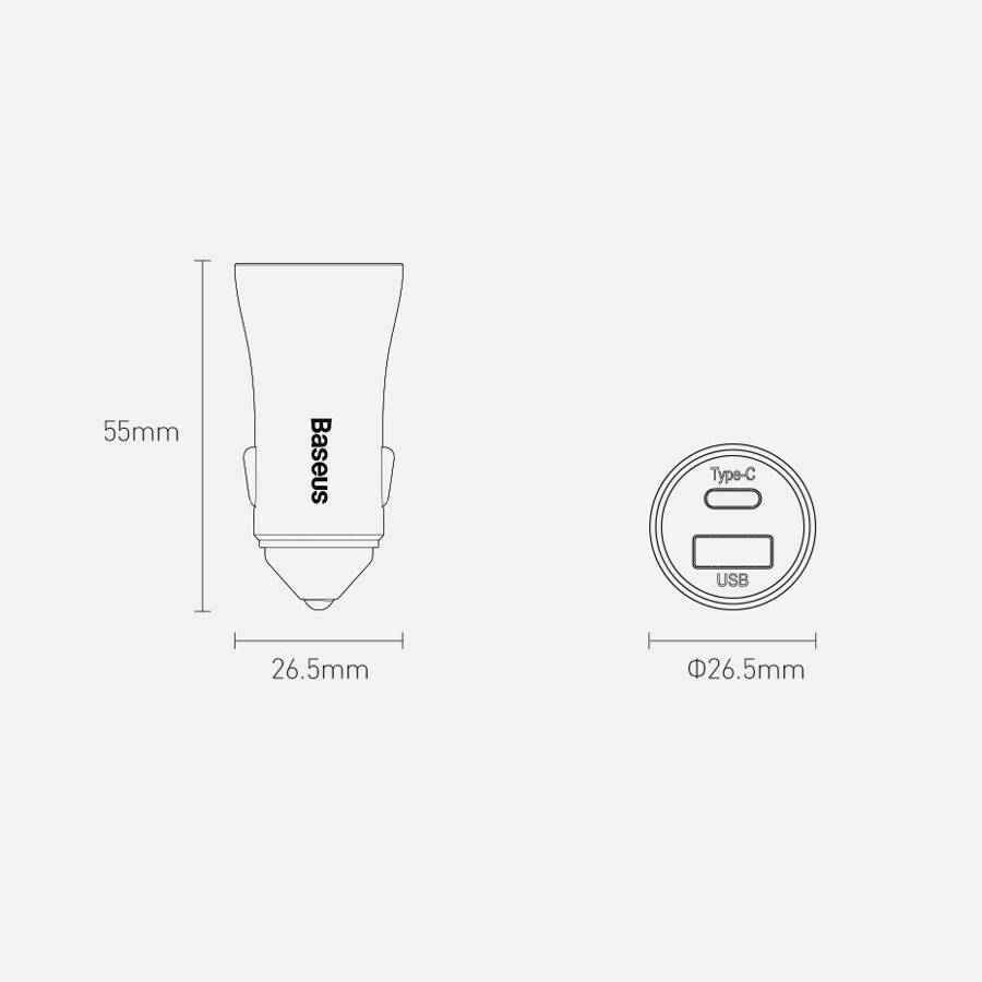 BASEUS GOLDEN CONTACTOR PRO QUICK CAR CHARGER USB TYPE C / USB 40 W POWER DELIVERY 3.0 QUICK CHARGE 4+ SCP FCP AFC + USB - USB TYPE C CABLE GRAY (TZCCJD-0G)