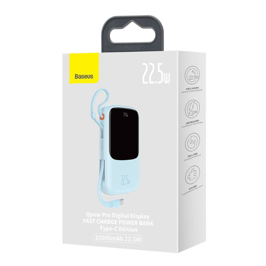 BASEUS QPOW POWER BANK 10000MAH BUILT-IN USB TYPE-C CABLE 22.5W QUICK CHARGE SCP AFC FCP BLUE (PPQD020103)