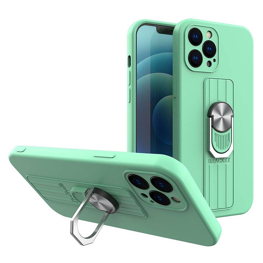 RING CASE SILICONE CASE WITH FINGER GRIP AND STAND FOR IPHONE 13 MINI MINT