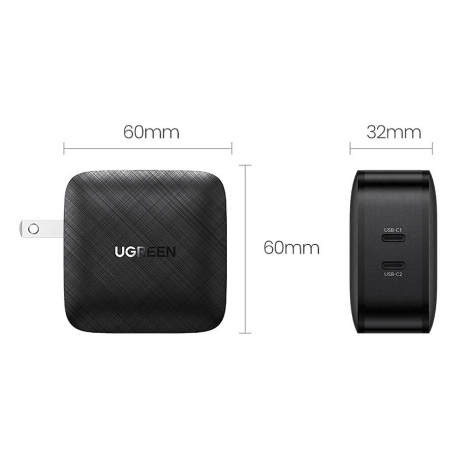 UGREEN CHARGER 2X USB TYPE C 66W POWER DELIVERY 3.0 QUICK CHARGE 4.0+ BLACK (CD216)