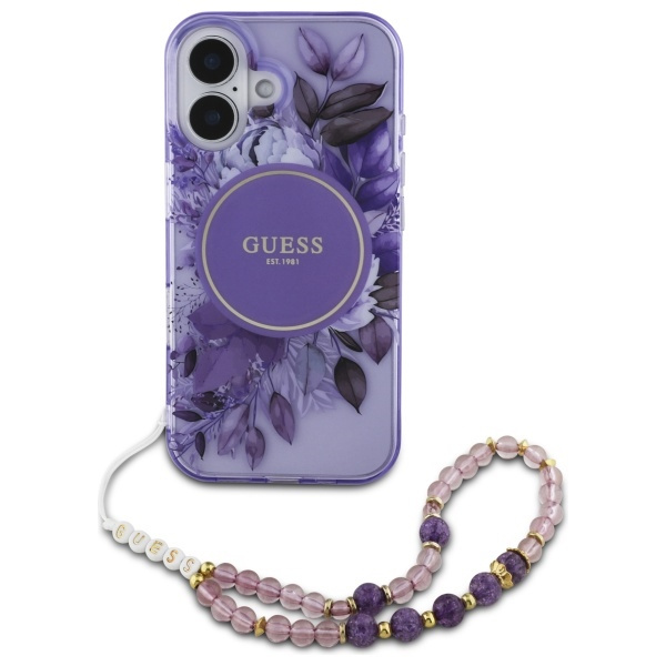 Guess GUHMP16MHFWBRCESU iPhone 16 Plus6.7" fioletowy/purple hardcase IML Flowers With Pearl Strap MagSafe