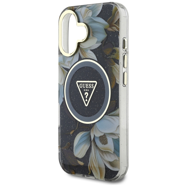Etui Guess Glitter Flowers Triangle      Buttons MagSafe do iPhone 16 czarny