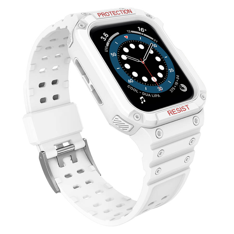 Protect Strap Band opaska z etui do Apple Watch 7 / 6 / 5 / 4 / 3 / 2 / SE (41 / 40 / 38mm) obudowa pancerny pokrowiec na zegarek biały