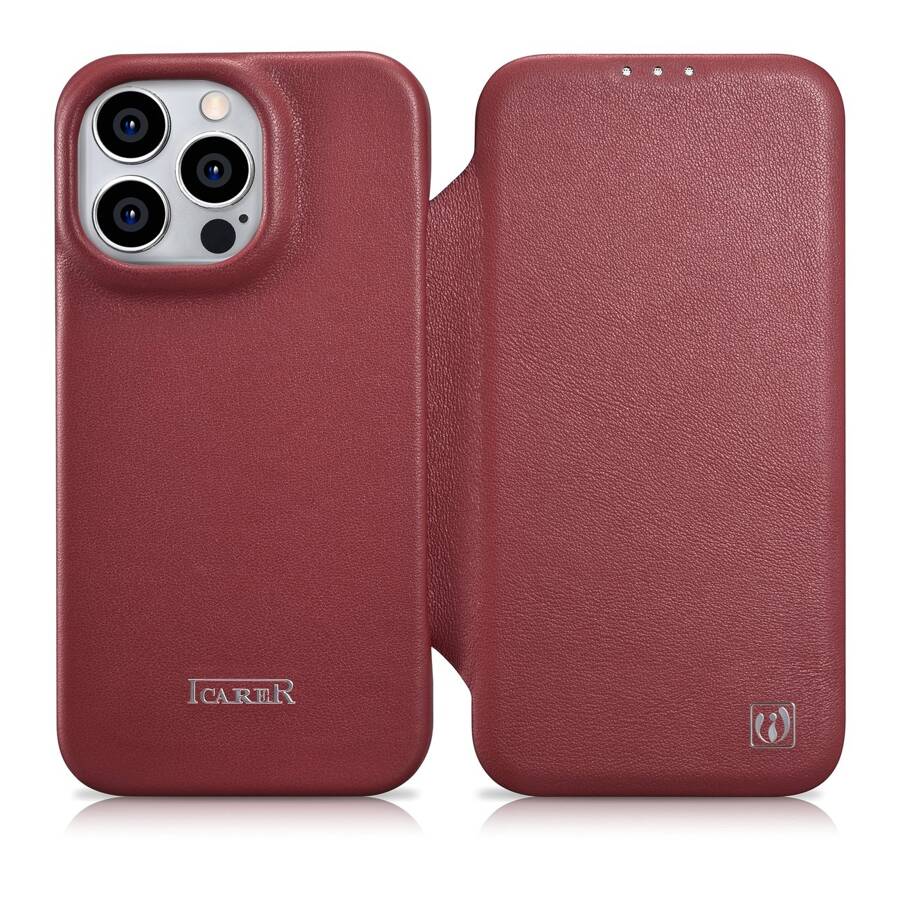 iCarer CE Premium Leather Folio Case skórzane etui iPhone 14 Pro Max z klapką magnetyczne MagSafe czerwony (WMI14220716-RD)