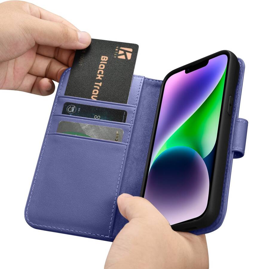 iCarer Wallet Case 2in1 etui iPhone 14 skórzany pokrowiec z klapką Anti-RFID jasnofioletowy (WMI14220725-LP)